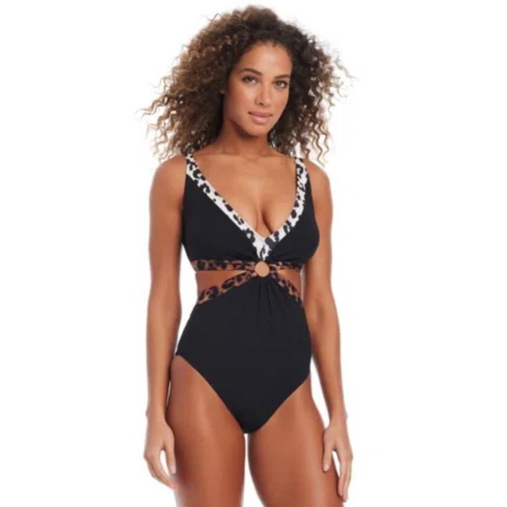 Bar III Women's In My Skin Ring One-Piece Swimsuit in Natural Black Animal Large